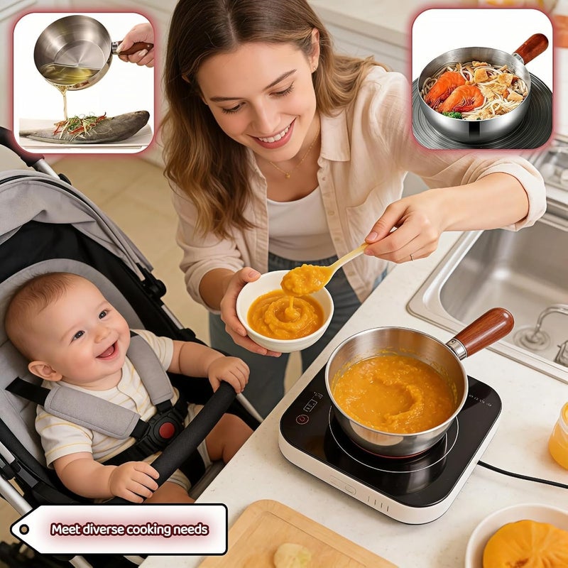 Stainless Steel Saucepan with Wood Handle, Food Grade Small Milk Pot, Induction Compatible Cooking Pan for Soup, Oatmeal, Butter, Sauce, Camping, Small Kitchen (800ml / 27oz) - Image 5