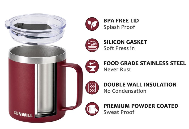 SUNWILL Travel Coffee Mug with Lid, Insulated Tumbler with Handle, 14 oz Stainless Steel Cup for Ice, Water, Tea, Powder Coated Wine Red - Image 2