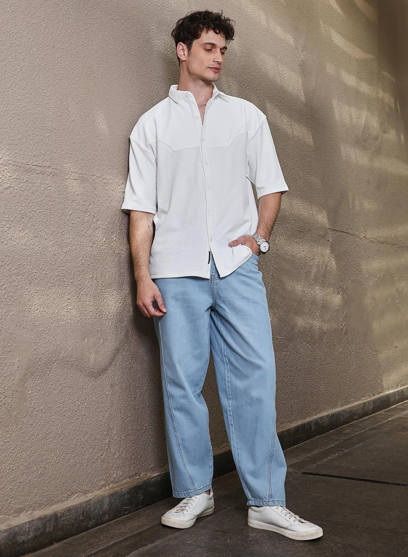 Campus Sutra Men's Daisy White Solid Cowboy Oversized Shirt