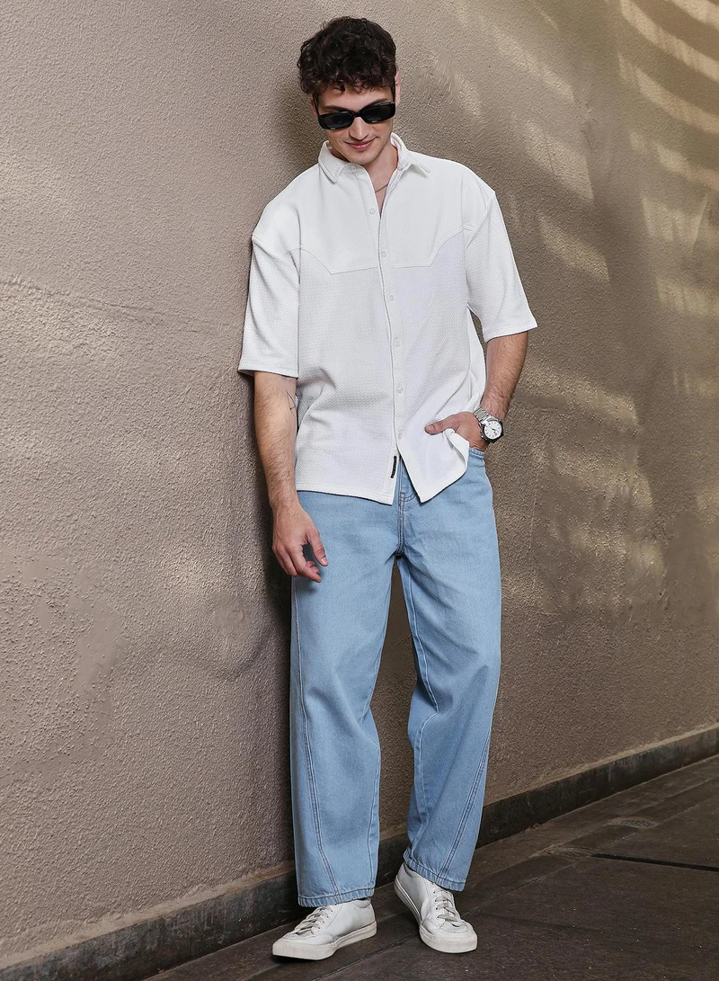 Campus Sutra Men's Daisy White Solid Cowboy Oversized Shirt