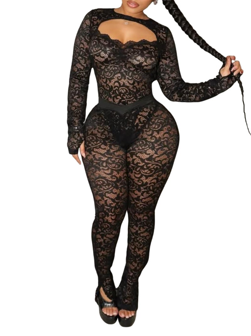Ryehack Women's Sexy Lace Jumpsuit Halter Backless See Through Bodysuit Top Flare Pants Set 2 Piece Set Club Outfits - Image 1