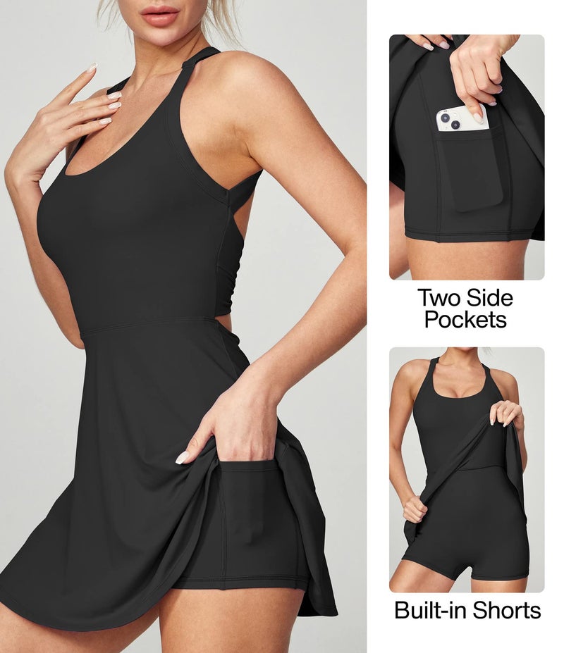 Heathyoga Tennis Dress with Built in Shorts and Bra Athletic Dress for Women Summer Cut Out Twisted Golf Workout Dress Black - Image 2