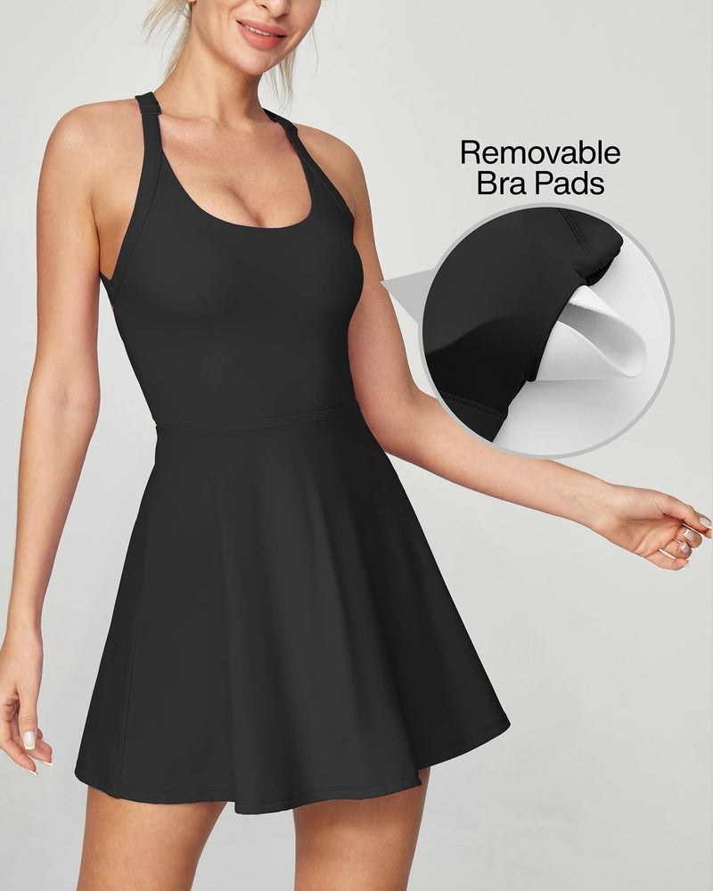 Heathyoga Tennis Dress with Built in Shorts and Bra Athletic Dress for Women Summer Cut Out Twisted Golf Workout Dress Black - Image 4