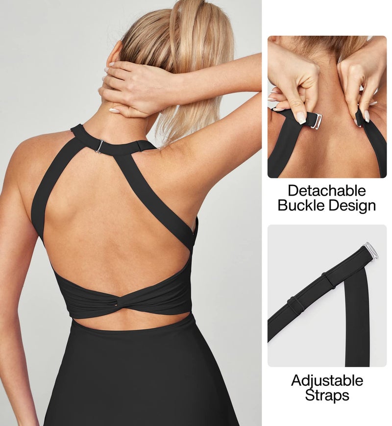 Heathyoga Tennis Dress with Built in Shorts and Bra Athletic Dress for Women Summer Cut Out Twisted Golf Workout Dress Black - Image 5