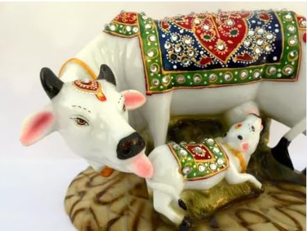 Ramashram Decorative Cow and Calf Statue for Pooja | Handicraft Home Decor Kamdhenu Cow & Calf | Vastu Gau MATA Idol with Stone Work for Home & Office (Multicolor, 5 Inch), Religious - Image 3