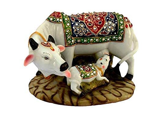 Ramashram Decorative Cow and Calf Statue for Pooja | Handicraft Home Decor Kamdhenu Cow & Calf | Vastu Gau MATA Idol with Stone Work for Home & Office (Multicolor, 5 Inch), Religious - Image 1