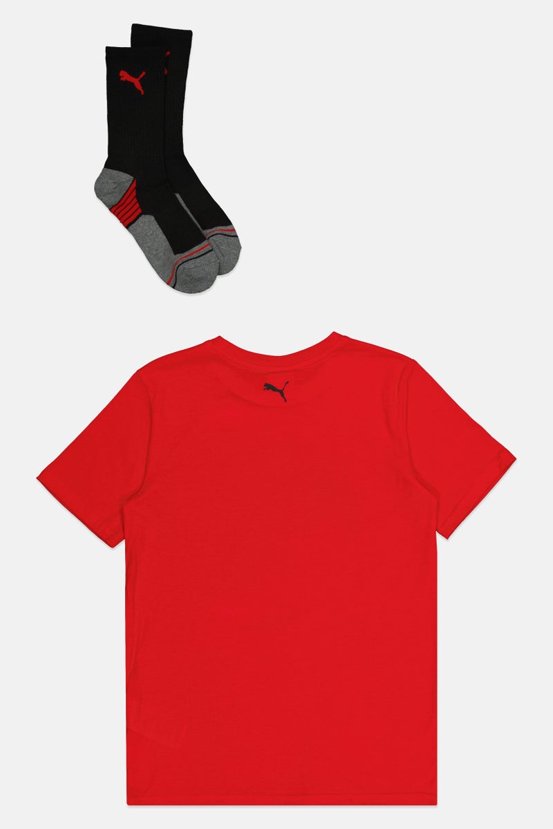 PUMA ملابس رياضية للأطفال الأولاد 2 قطعة تي شيرت مناسب مع مجموعة جوارب، أحمر - Image 3