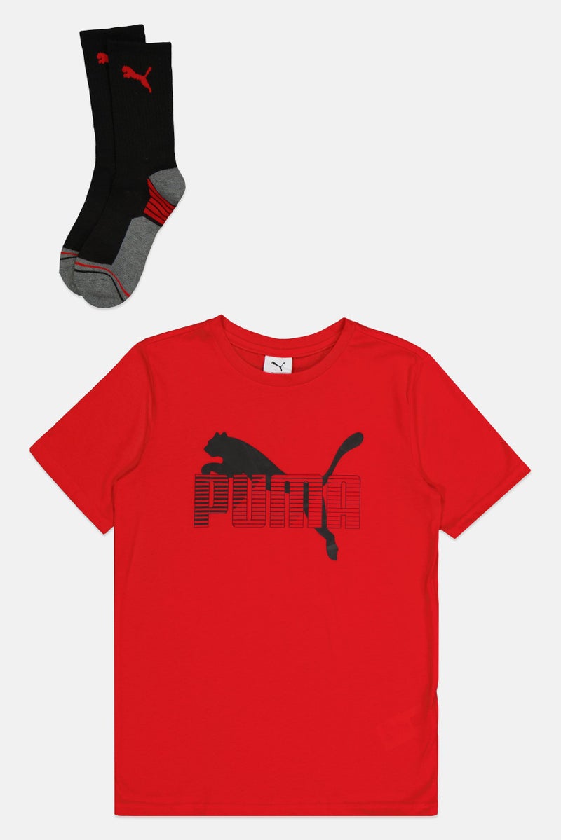 PUMA ملابس رياضية للأطفال الأولاد 2 قطعة تي شيرت مناسب مع مجموعة جوارب، أحمر - Image 2