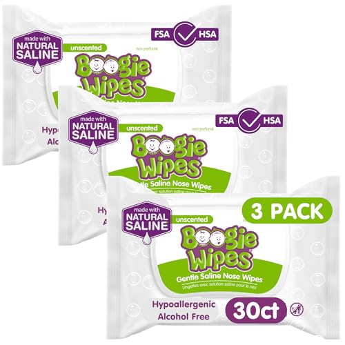 Boogie Wipes, Saline Wipes for Baby & Kids, Nose Booger Wipes for Allergy Relief, Face, Hand & Body, Made with Vitamin E, Aloe and Natural Saline, Unscented, 30 Count (Pack of 3) - Image 1