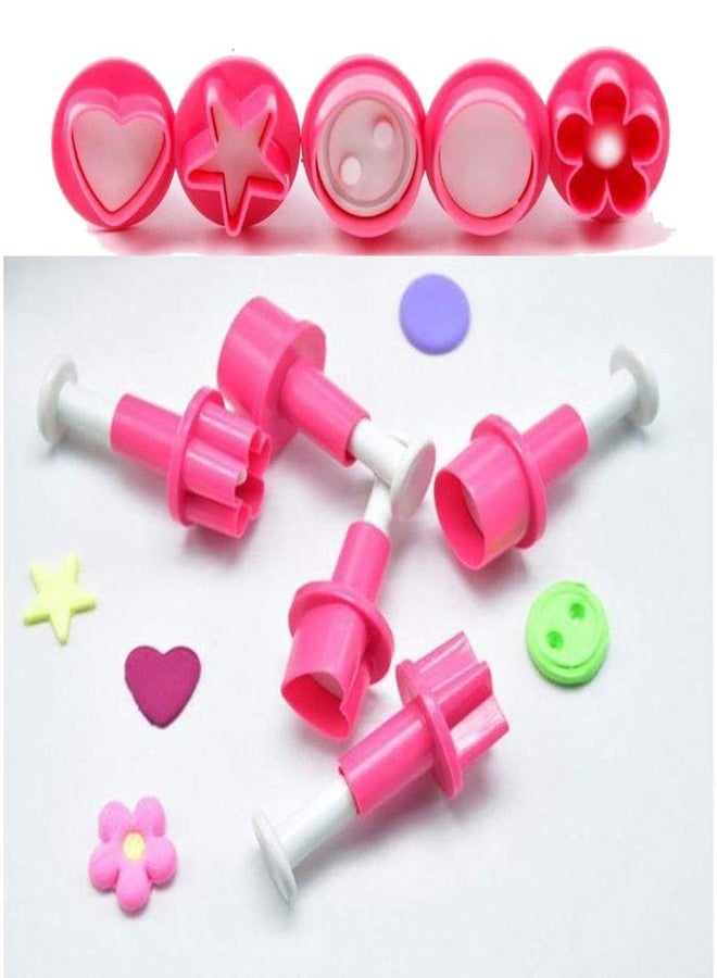 Cake Decor™ 5-Piece Impression Pop-Out Plunger Cutters, Button, Heart, Star, Circle & Plum Flower Shapes, Fondant, Cookie, Sugarcraft & Baking Tools - 5 PCS - Image 1