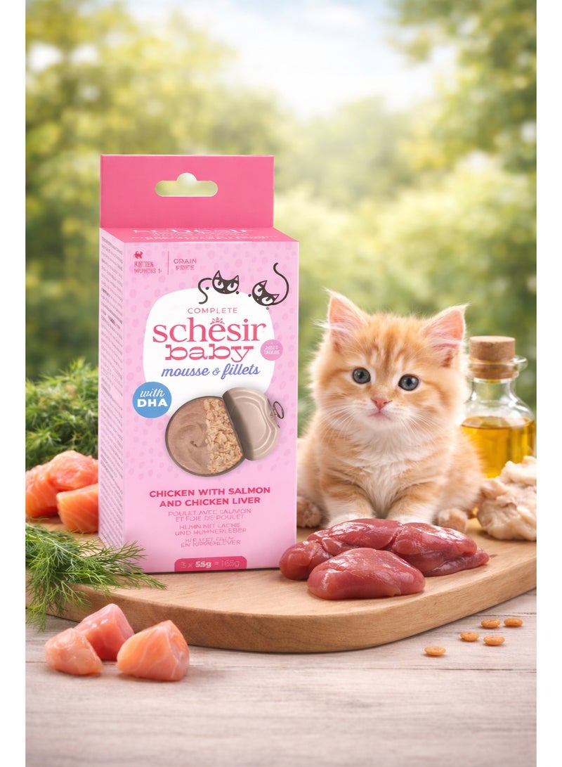 Schesir Baby Mousse & Fillets – Chicken with Salmon & Chicken Liver – Grain-Free Complete Food for Kittens 1 Month+ – 3 × 55 g (165 g) - Image 1