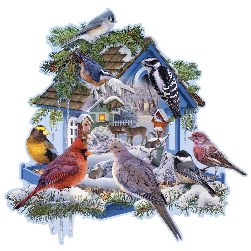 Bits and Pieces 750 Piece Jigsaw Puzzle for Adults Winter Bird Feeder Snowy Birdhouse Jigsaw Puzzle by Artist Russel Cobane Completed Puzzle Size 22 x 26