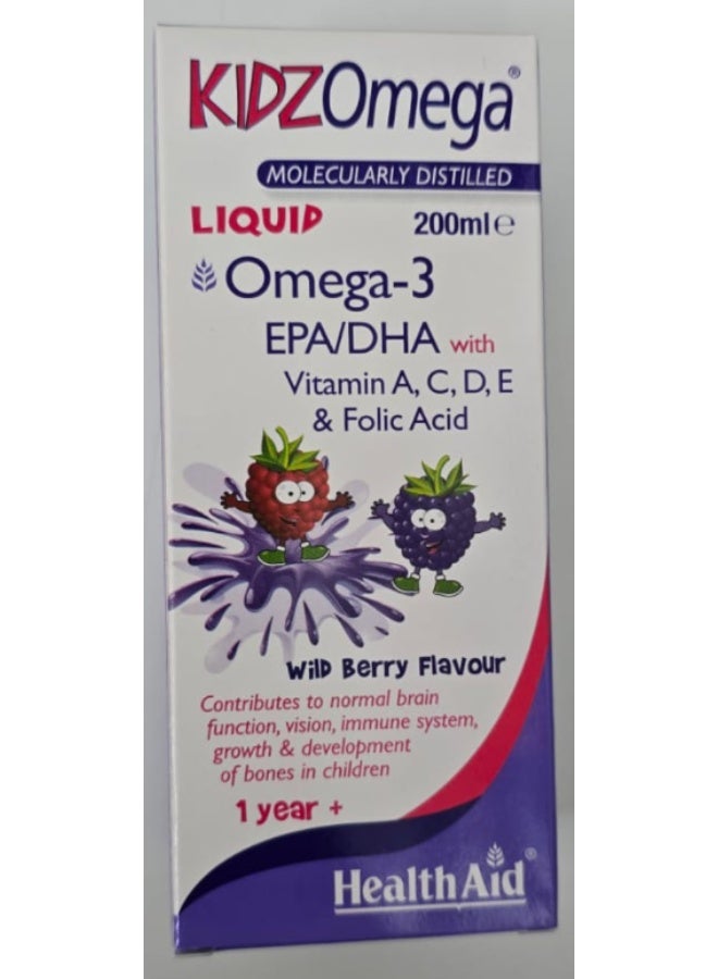 HealthAid KidzOmega Omega 3 Liquid Supplement For Kids With DHA EPA Brain Eye & Immune Support 200ml - Image 1