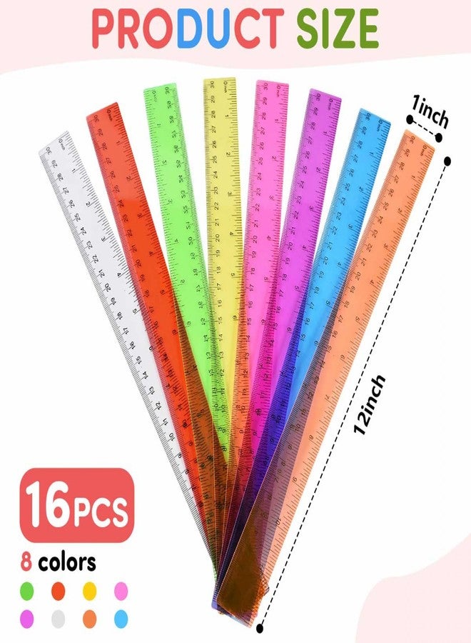 SenseYo 16 Pcs Clear Plastic Ruler, 12 Inch Color Transparent Ruler for Kids School Classroom Office - Image 2