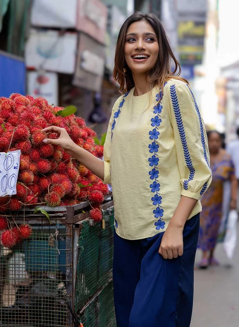 Zigzag Sleeve And Front Embroidered Three Quarter Sleeve Top