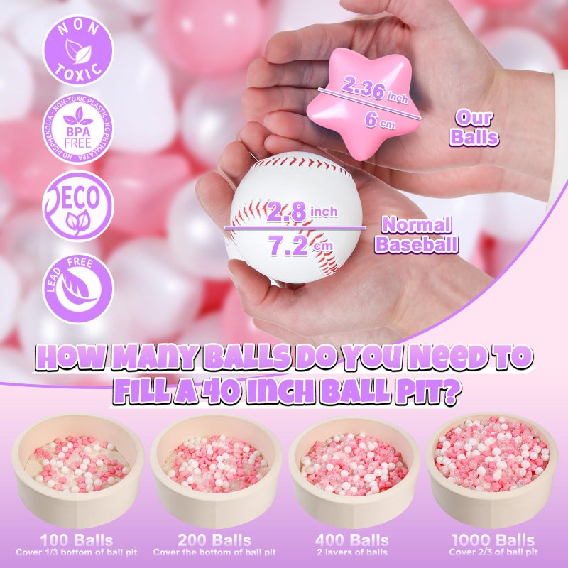 GOGOSO Pink Ball Pit Balls with Star Bals Heart Balls 100  Crushproof Plasticballs for Babies Toddlers Kids Children for 1 2 3 4 5 Years Old5 Colors215inches - Image 3