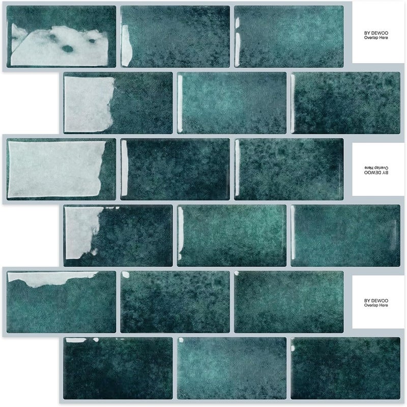 DEWOO Self-Adhesive Vinyl Tiles Subway Stickers Kitchen Bathroom Brick 3D Wall Peel Stick Wall Tiles Tiwoos, Green (10-Pieces, 30.5 x 30.5 cm) - Image 1