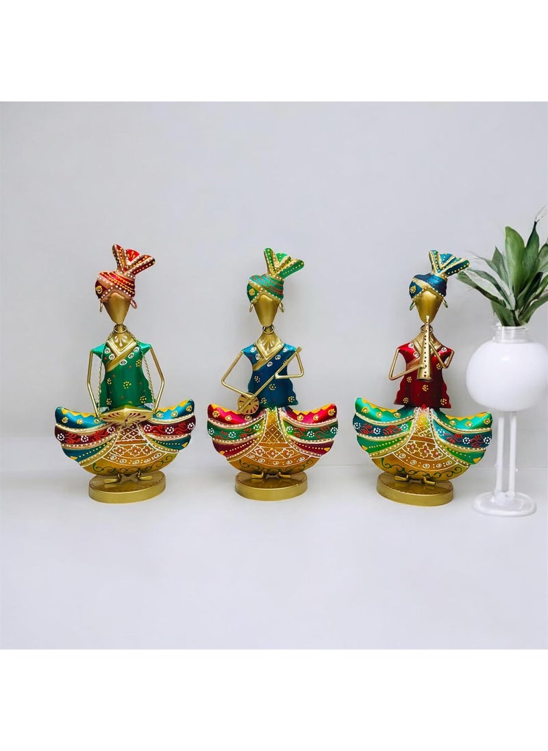 pranjals house - pranjals house Metal Rajasthani Musicians Item Showpiece - Decorative Items for Home | Table Decor (13X4X8 Inches), Multi Colour - Image 1