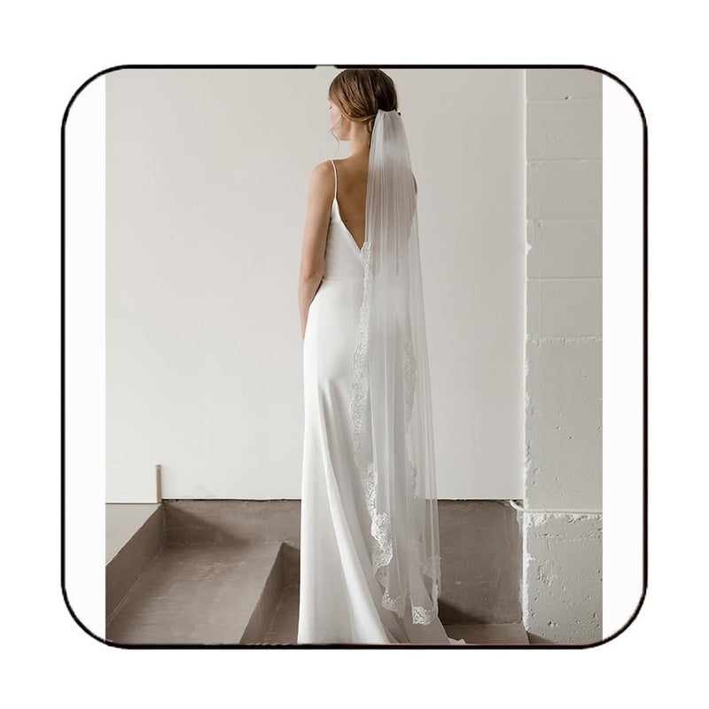 Latious Lace Wedding Veils Ivory 1 Tier Floral Bridal Veil Long Tulle Veils with Comb for Brides and Women Ivory
