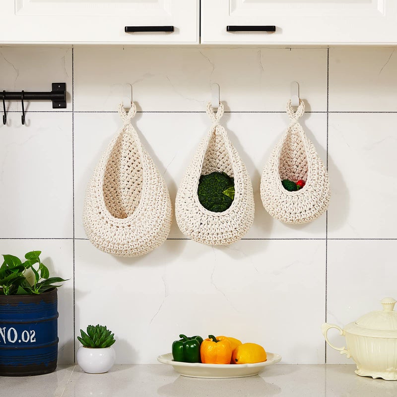 Honeydak Honeydak Hanging Wall Basket Teardrop Hanging Baskets Onion Basket Coat Bohemian Storage Fruit Wall Hooks for Kitchen Wall Home Restaurant Storage Vegetable  3 Sizes(White) - Image 5