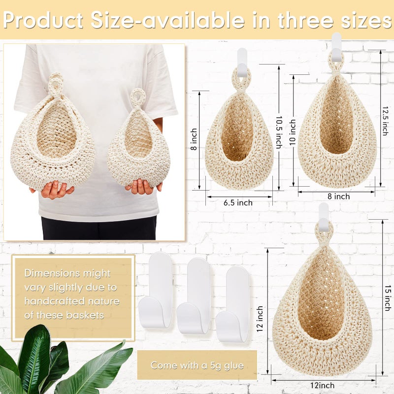 Honeydak Honeydak Hanging Wall Basket Teardrop Hanging Baskets Onion Basket Coat Bohemian Storage Fruit Wall Hooks for Kitchen Wall Home Restaurant Storage Vegetable  3 Sizes(White) - Image 2