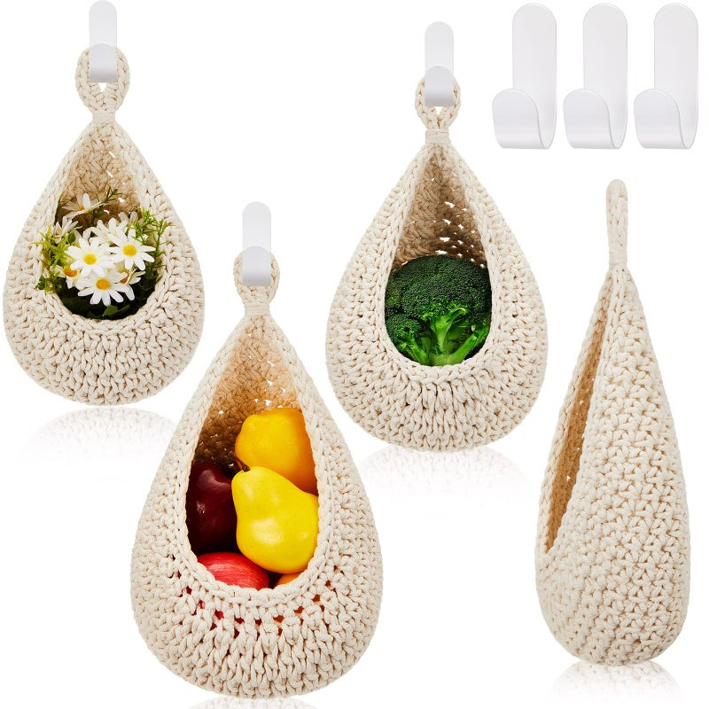 Honeydak Honeydak Hanging Wall Basket Teardrop Hanging Baskets Onion Basket Coat Bohemian Storage Fruit Wall Hooks for Kitchen Wall Home Restaurant Storage Vegetable  3 Sizes(White) - Image 1