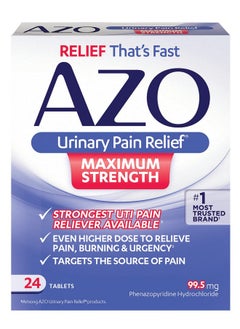 AZO Urinary Pain Relief Maximum Strength, FSA/HSA Eligible, Fast relief of UTI Pain, Burning & Urgency, Targets Source of Pain, #1 Most Trusted Brand, 24 Tablets