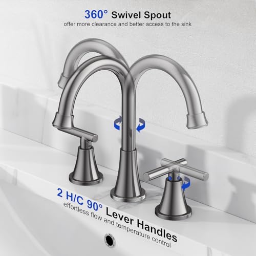 Hurran Bathroom Faucets for Sink 3 Hole, Hurran 8 inch Widespread Brushed Grey Bathroom Sink Faucet with Pop-up Drain and Supply Hose, Stainless Steel Lead-Free Faucet for Vessel Sink Vanity RV - Image 3