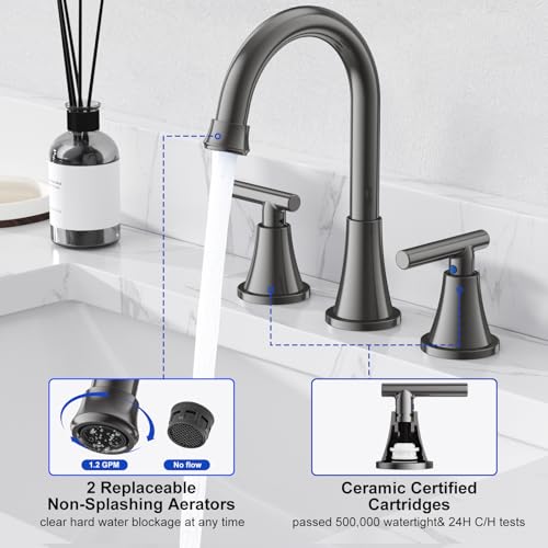 Hurran Bathroom Faucets for Sink 3 Hole, Hurran 8 inch Widespread Brushed Grey Bathroom Sink Faucet with Pop-up Drain and Supply Hose, Stainless Steel Lead-Free Faucet for Vessel Sink Vanity RV - Image 4