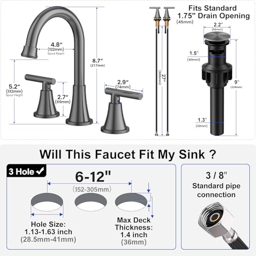 Hurran Bathroom Faucets for Sink 3 Hole, Hurran 8 inch Widespread Brushed Grey Bathroom Sink Faucet with Pop-up Drain and Supply Hose, Stainless Steel Lead-Free Faucet for Vessel Sink Vanity RV - Image 5