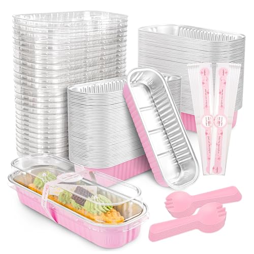 NPLUX 100 Pack Mini Cake Pans with Lids and Spoons Rectangular Aluminum Foil Baking Pans Mini Cheesecake Containers(6.8oz) - Image 1