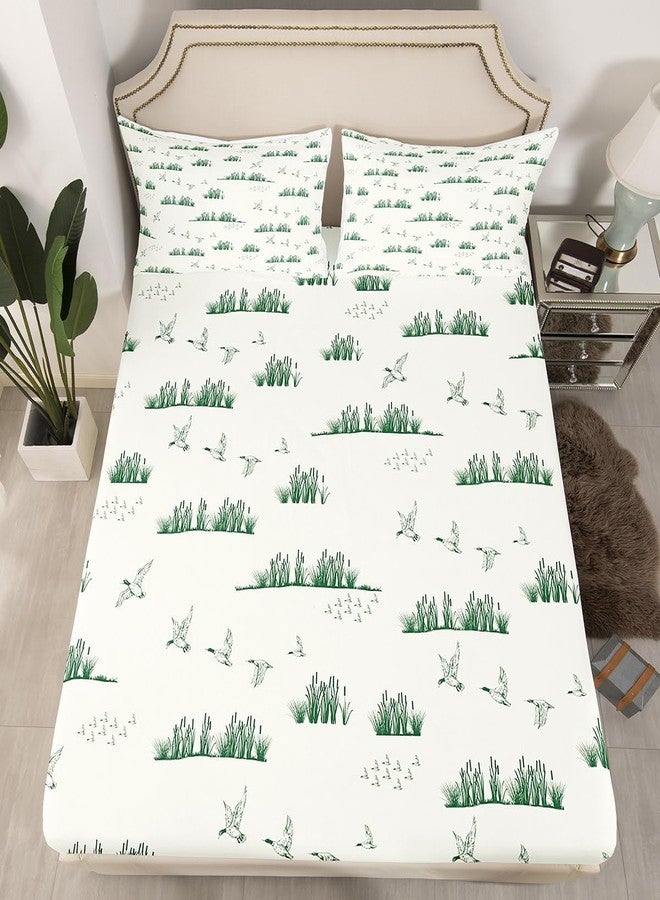 Homewish Sketch Duck Print Fitted Sheet Queen Size,Rustic Lake Life Bedding Set 3Pcs,Hunting Wild Duck Theme Bed Sheet for Kids Teens Men Adult Room Decor,Nature Animals Green White Deep Pocket Sheet 3Pcs - Image 1