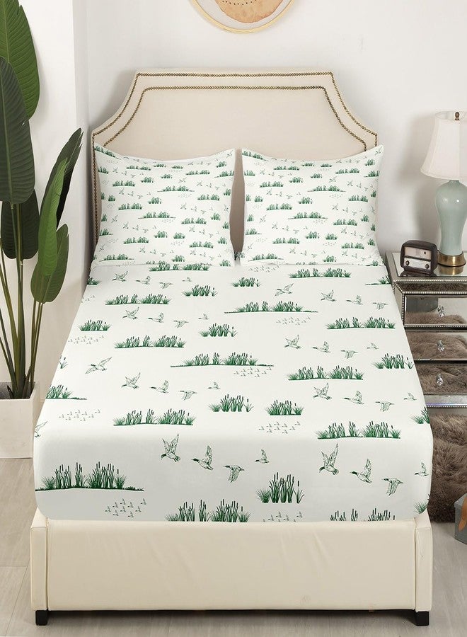 Homewish Sketch Duck Print Fitted Sheet Queen Size,Rustic Lake Life Bedding Set 3Pcs,Hunting Wild Duck Theme Bed Sheet for Kids Teens Men Adult Room Decor,Nature Animals Green White Deep Pocket Sheet 3Pcs - Image 3