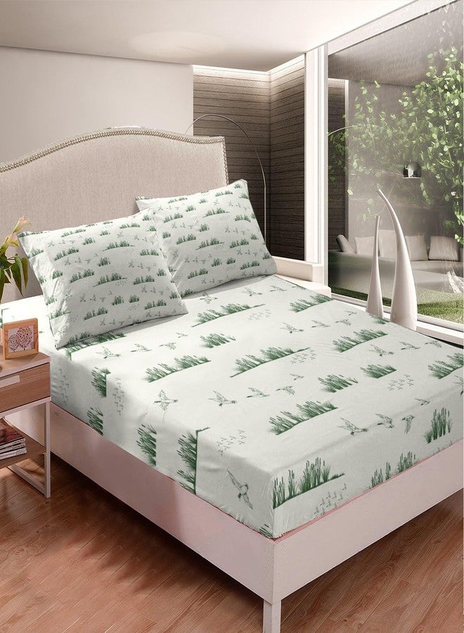 Homewish Sketch Duck Print Fitted Sheet Queen Size,Rustic Lake Life Bedding Set 3Pcs,Hunting Wild Duck Theme Bed Sheet for Kids Teens Men Adult Room Decor,Nature Animals Green White Deep Pocket Sheet 3Pcs - Image 2