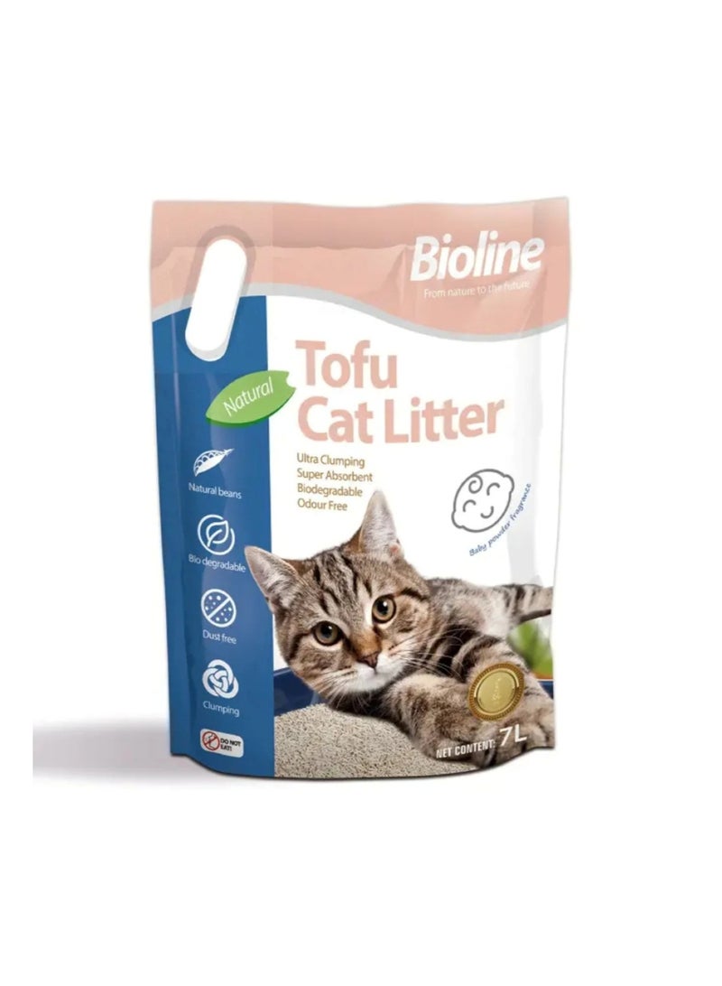 بايولاين رمل قطط توفو ٧ لتر - بودرة أطفال معطرة، رمل متكتل طبيعي