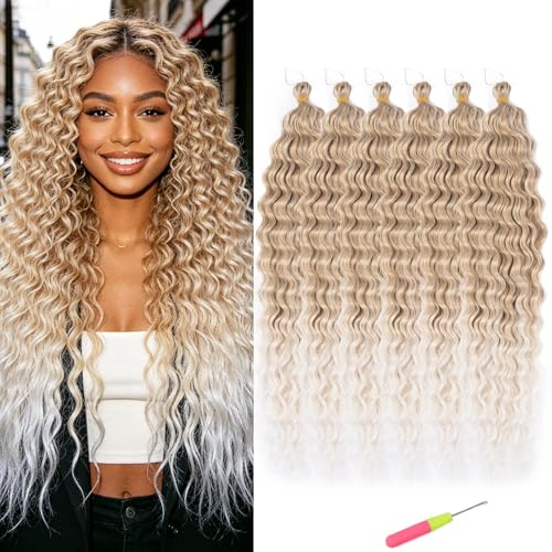 MAYSA Ocean Wave Crochet Hair Blonde 30nch Curly Braiding Hair Wavy Synthetic Ombre Crochet Hair 6Packs #18/56c Blond mix Platinum - Image 1