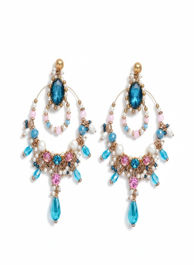 SANJOYA by EVERSTYLISH Embroidered Earrings for Women | Statement Golden & Blue Crystal Dangler Earrings | Ethnic Jewelry for Weddings, Festivals & Special Occasions - Image 2