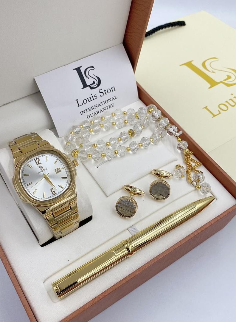 Louis Ston A high-quality, elegant men's watch gift set from Louis Ston, a Gold bracelet with a Gold bracelet and a grey dial with the date display - Limited edition