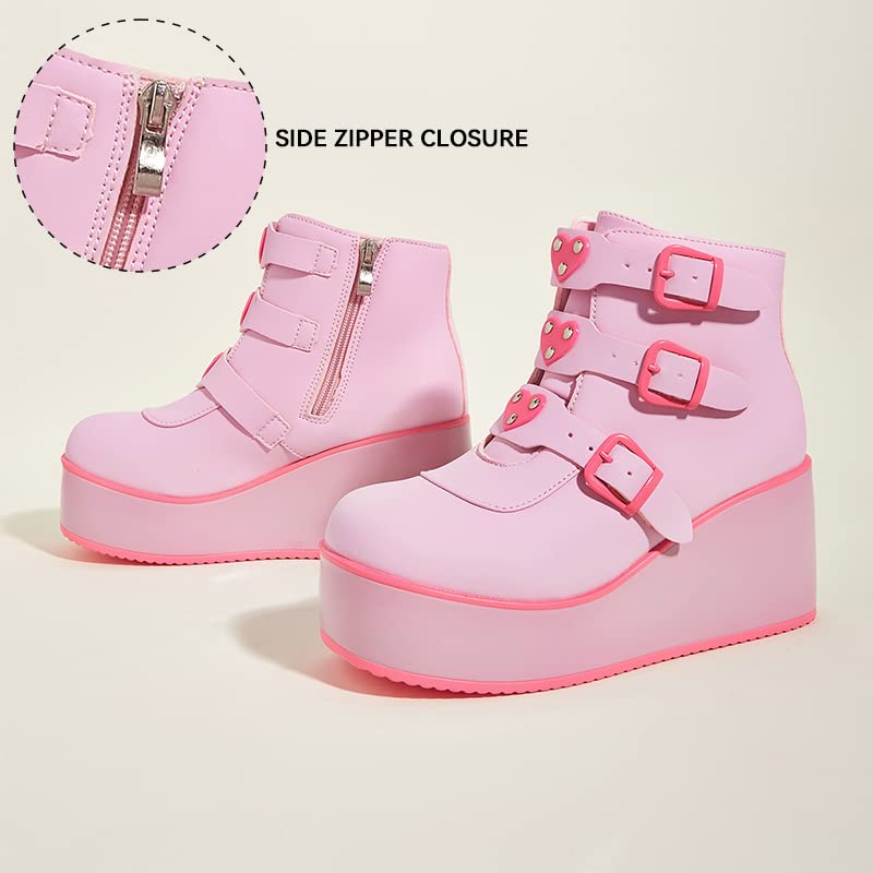 LUCKY STEP Women Platform Chunky Ankle Boots - Round Toe Zipper Wedges High Heels Rave Buckle Thick Sole Goth Booties (Pink/Fuchsia,7 B(M) US) - Image 4