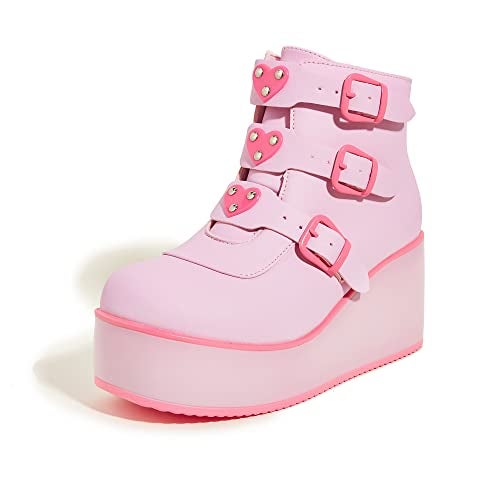 LUCKY STEP Women Platform Chunky Ankle Boots - Round Toe Zipper Wedges High Heels Rave Buckle Thick Sole Goth Booties (Pink/Fuchsia,7 B(M) US) - Image 1