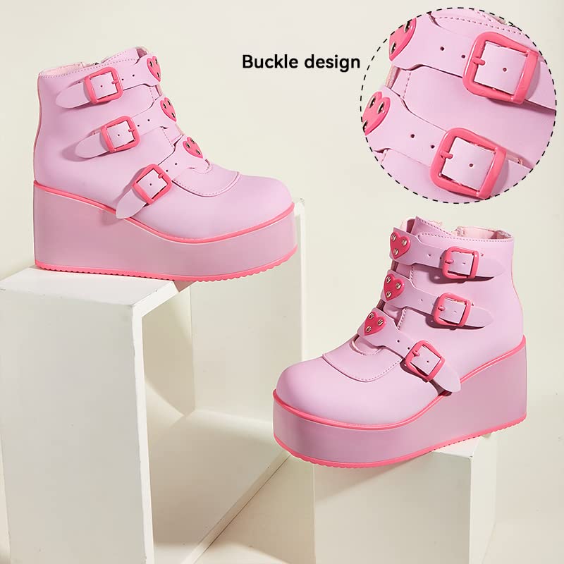 LUCKY STEP Women Platform Chunky Ankle Boots - Round Toe Zipper Wedges High Heels Rave Buckle Thick Sole Goth Booties (Pink/Fuchsia,7 B(M) US) - Image 3