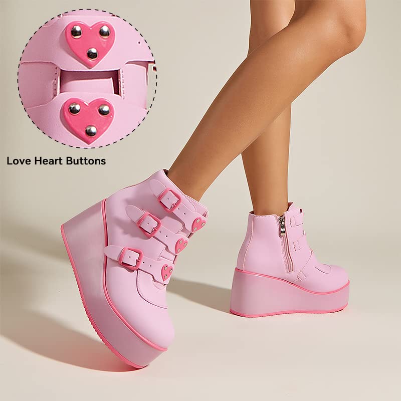 LUCKY STEP Women Platform Chunky Ankle Boots - Round Toe Zipper Wedges High Heels Rave Buckle Thick Sole Goth Booties (Pink/Fuchsia,7 B(M) US) - Image 5
