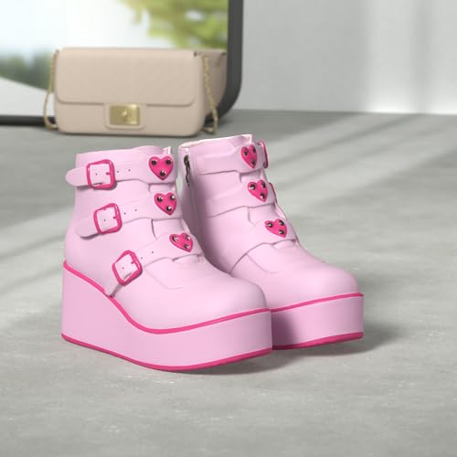 LUCKY STEP Women Platform Chunky Ankle Boots - Round Toe Zipper Wedges High Heels Rave Buckle Thick Sole Goth Booties (Pink/Fuchsia,7 B(M) US) - Image 2
