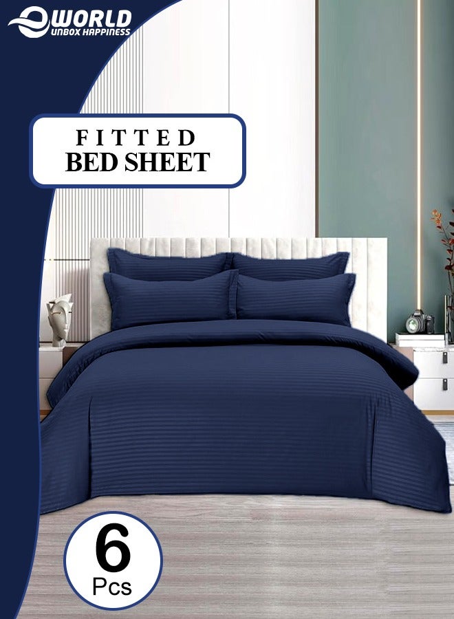 إي وورلد طقم أغطية سرير فاخر مكون من 6 قطع بحجم كينج، بتصميم مخطط بلون الأزرق الداكن مصنوع من مايكروفايبر عالي الجودة. يشمل غطاء لحاف وملاءات ناعمة وغطاءات وسائد مستوحاة من رفاهية الفنادق. - Image 1
