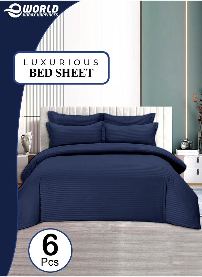 Eworld 6-Piece Premium King Size Bedding Set, Navy Blue Striped Design and High-Quality Cotton Hotel Luxury Bedsheet Soft Quilt Cover and Pillowcases  - Image 1