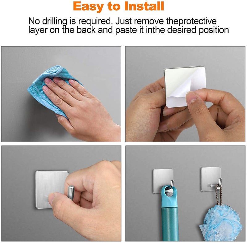 JIALTO 4 PCS Adhesive Hooks Heavy Duty Wall Hooks Waterproof Stainless Steel Hooks for Hanging Coat/Hat/Towel Robe Hook Rack Wall Mount Bathroom and Bedroom (J Hook) - Image 4