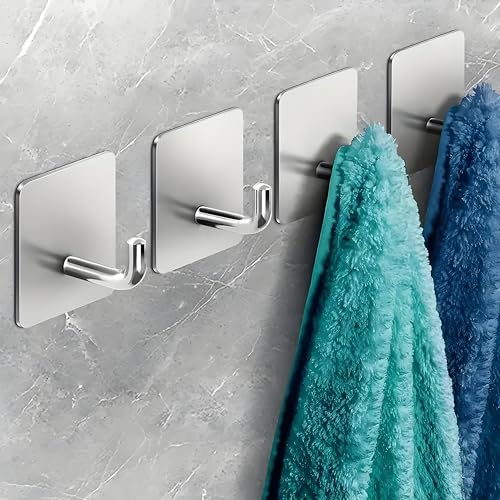 JIALTO 4 PCS Adhesive Hooks Heavy Duty Wall Hooks Waterproof Stainless Steel Hooks for Hanging Coat/Hat/Towel Robe Hook Rack Wall Mount Bathroom and Bedroom (J Hook) - Image 1