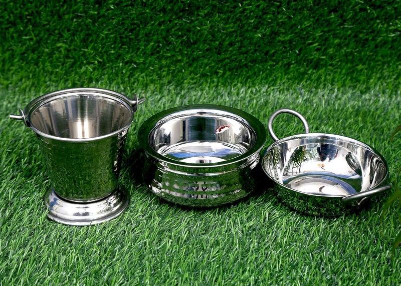 RJ kitchenware Store RJ kitchanware Store Heavy Duty Stainless Steel Hammered/Mathaar Hotel Dish Serveware Set of Hammered/Mathaar [ Handi (500ml), Kadhai (300ml), Balti (300ml) - Image 1