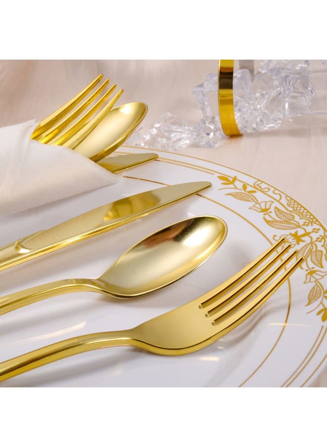 73Hours Pre Rolled Gold Plastic Silverware, 100 Packs Pre Rolled Napkins and Cutlery Set, Disposable Rolled Cutlery with 100 of Forks, Knives, Spoons and Napkins for Party (100, Gold) - Image 4