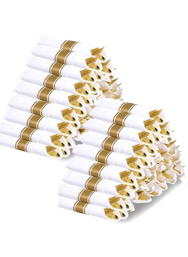 73Hours Pre Rolled Gold Plastic Silverware, 100 Packs Pre Rolled Napkins and Cutlery Set, Disposable Rolled Cutlery with 100 of Forks, Knives, Spoons and Napkins for Party (100, Gold) - Image 1